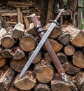 Hand forged Damascus steel Viking sword full view with wooden scabbard