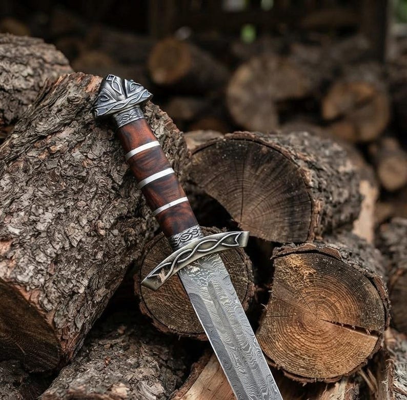 Ash wood handle detail on the Viking sword