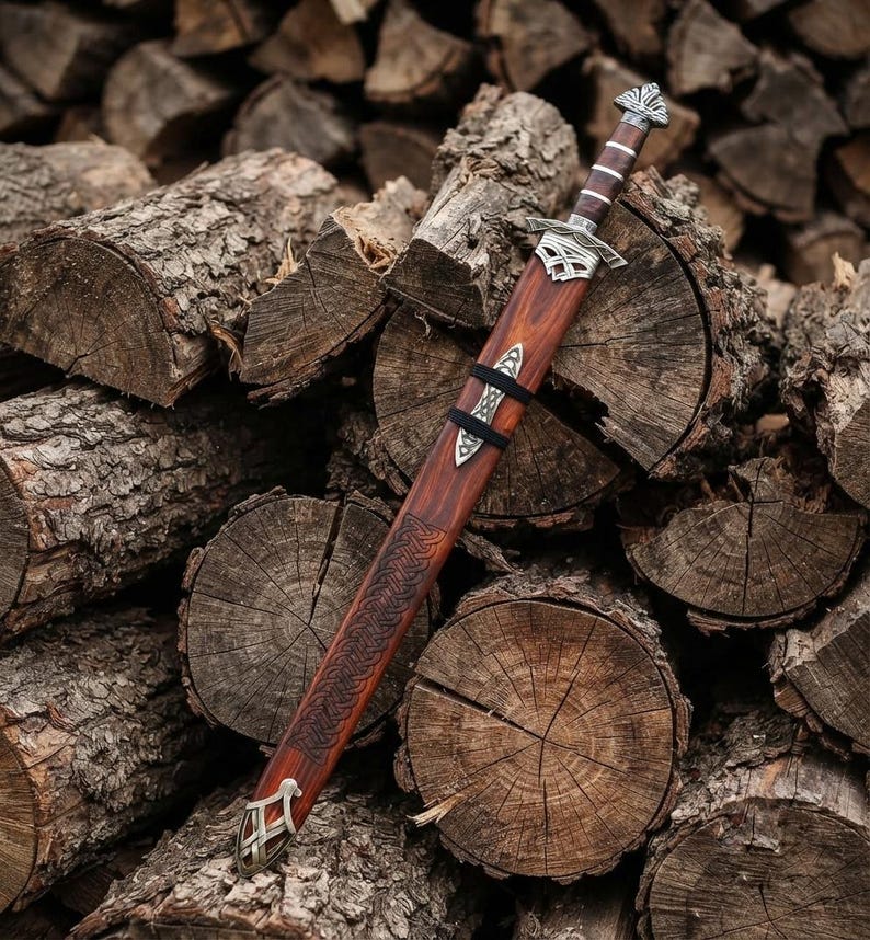 Viking sword resting in its wooden scabbard