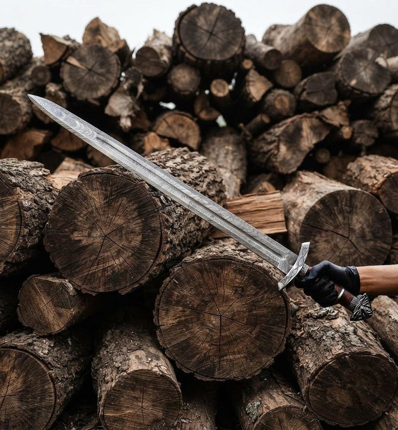 Viking sword displayed on a wooden surface