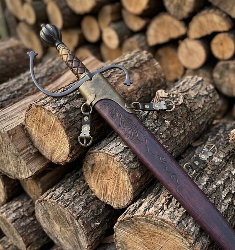 Hand forged European Spada sword full view with ironwood scabbard