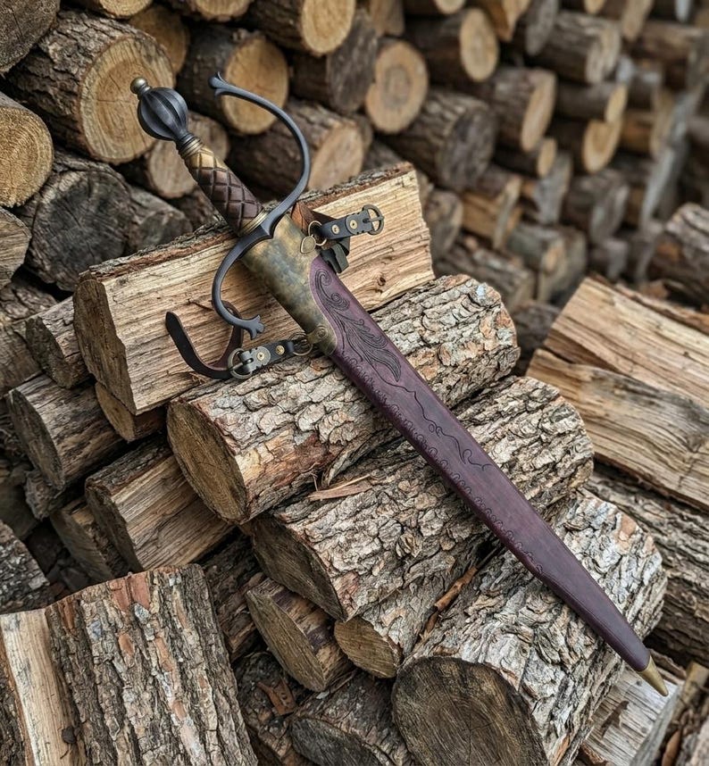 European Spada sword resting in its ironwood scabbard