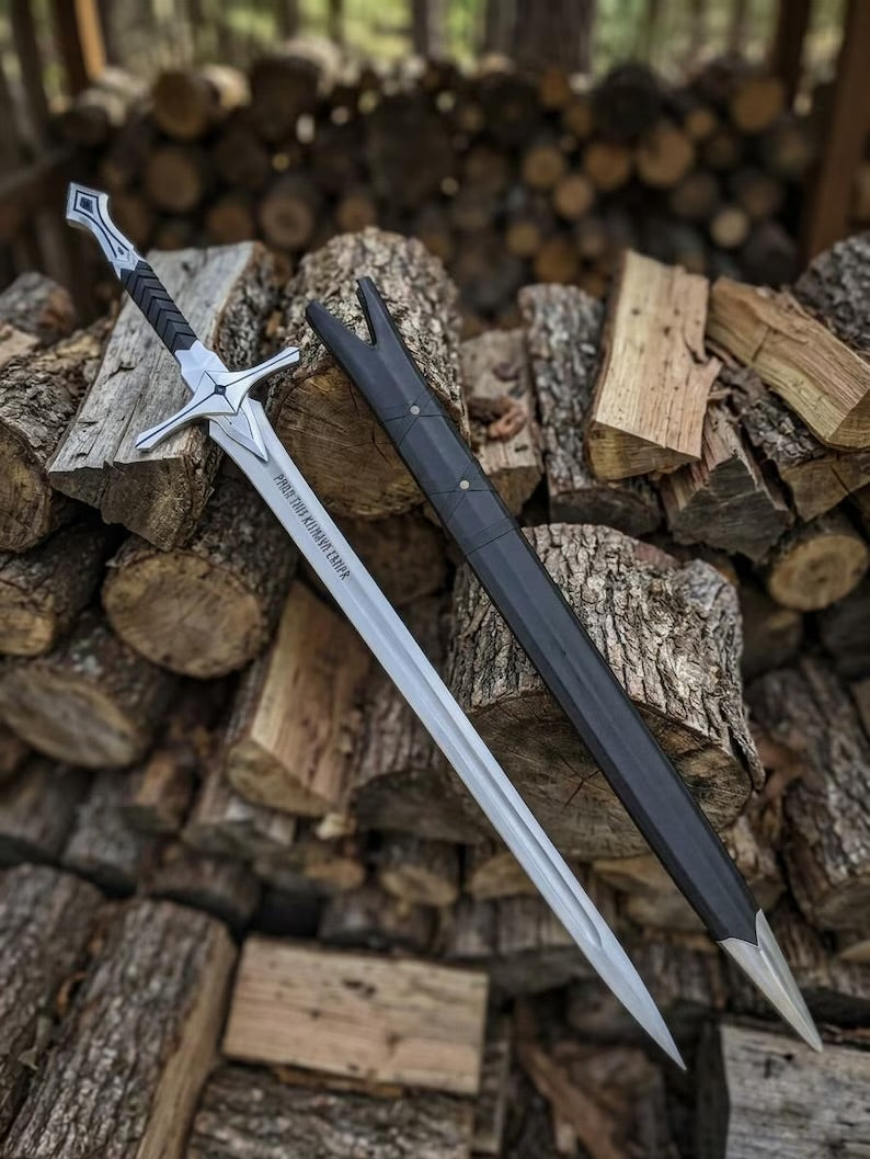 Hand forged Stygian Liege sword full view with scabbard