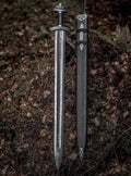Hand forged Viking sword with scabbard full view