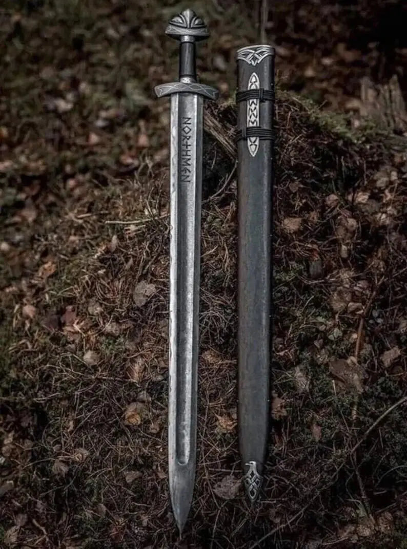Hand forged Viking sword with scabbard full view