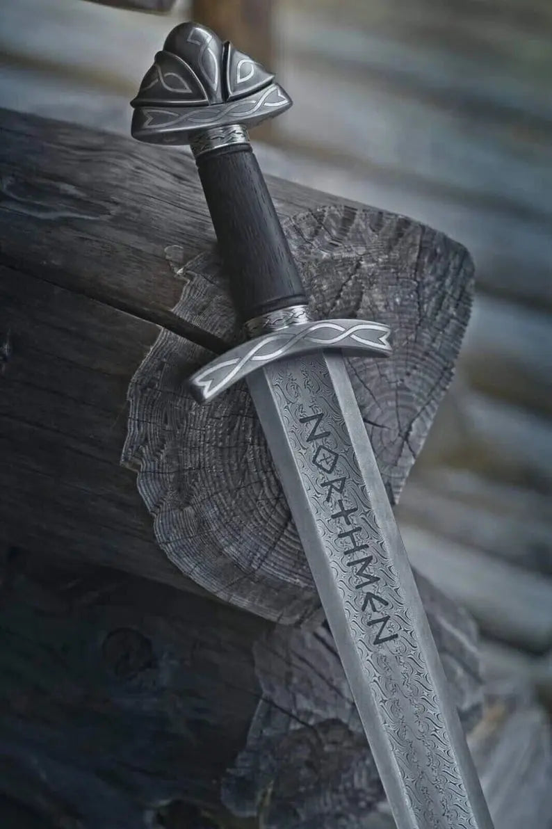 Close-up of the Damascus steel Viking sword blade