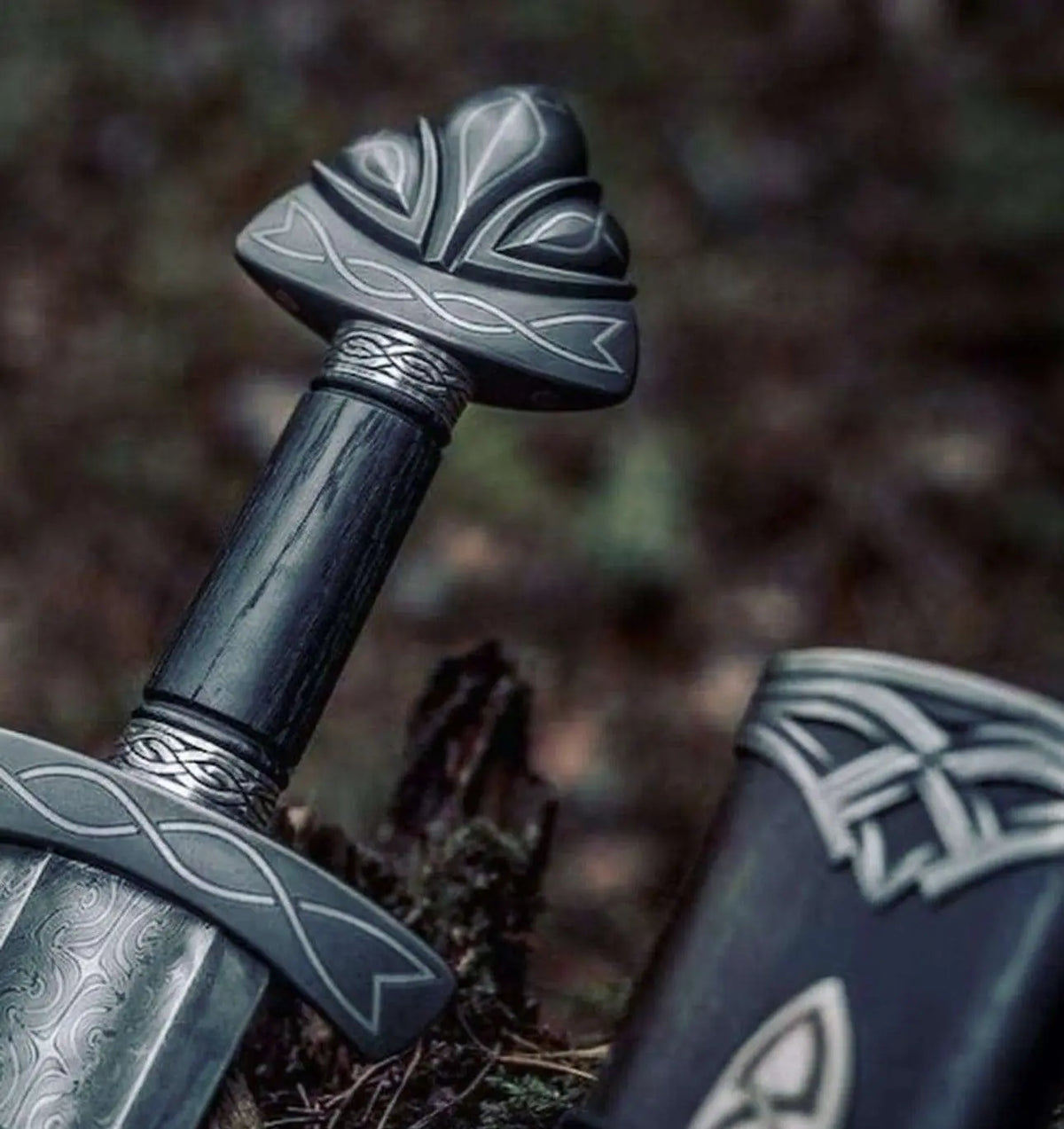 Ash wood handle detail on the Viking sword