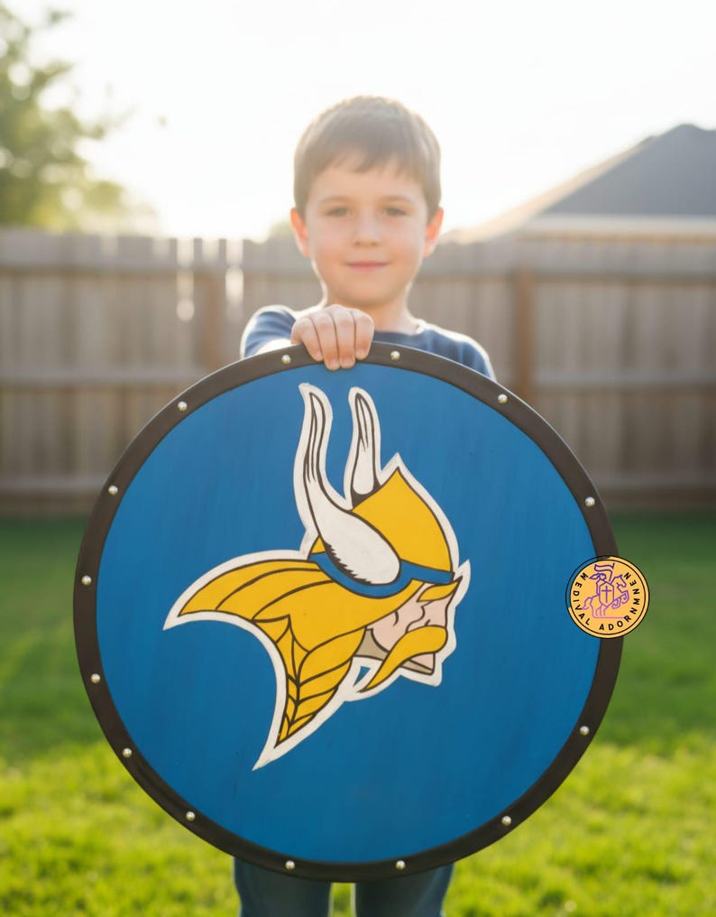 Hand-painted Viking Shield, Norse cosplay decor – premium solid wood with steel fittings