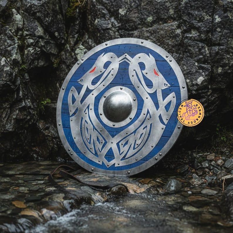 Handcrafted Blue Viking Shield, Norse dragon decor