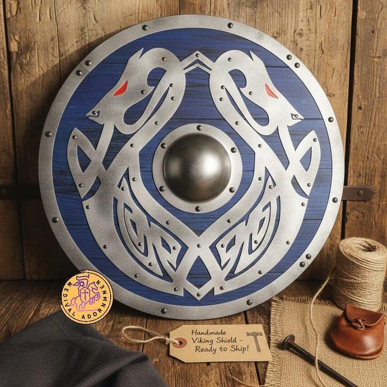 Handcrafted Blue Viking Shield, Norse dragon decor – hand-painted blue finish with Norse dragon and knotwork artwork
