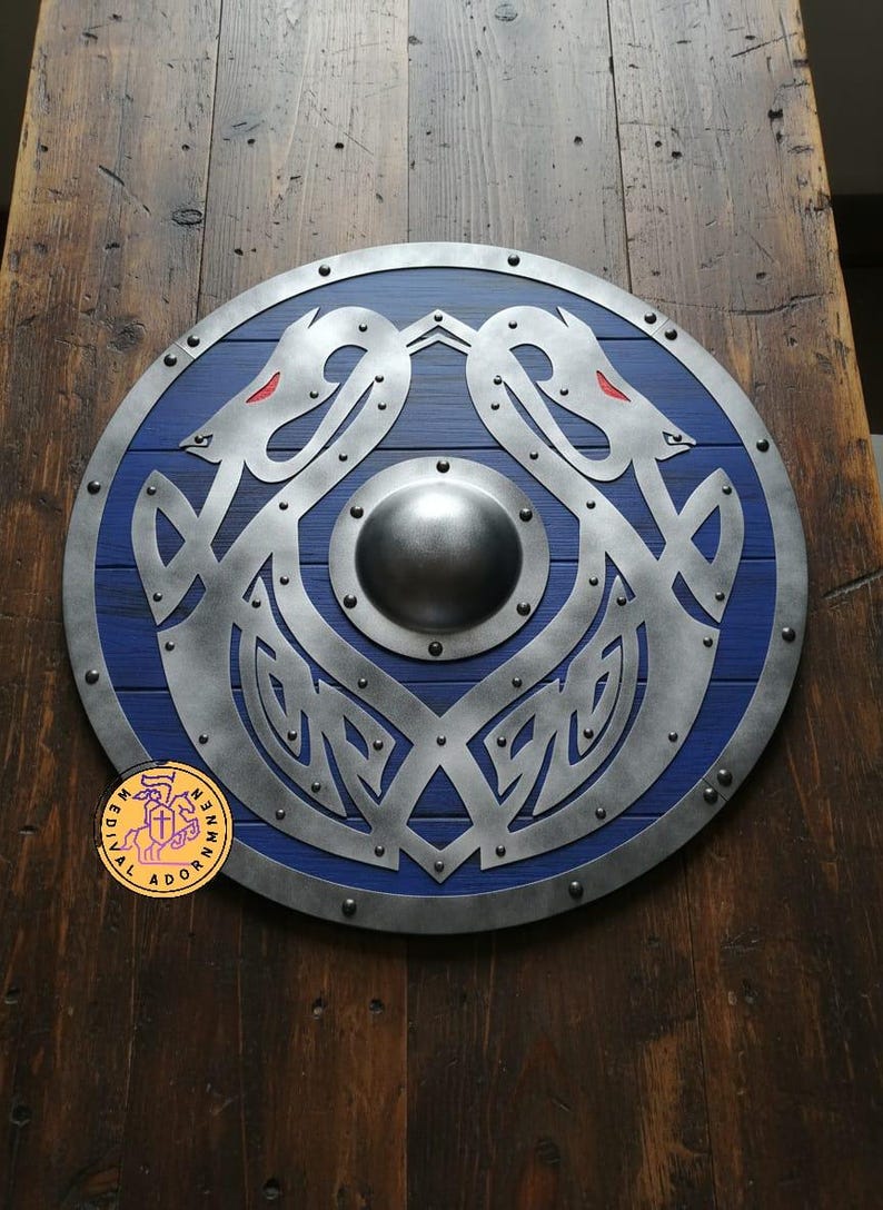 Handcrafted Blue Viking Shield, Norse dragon decor – reinforced steel rim and central boss