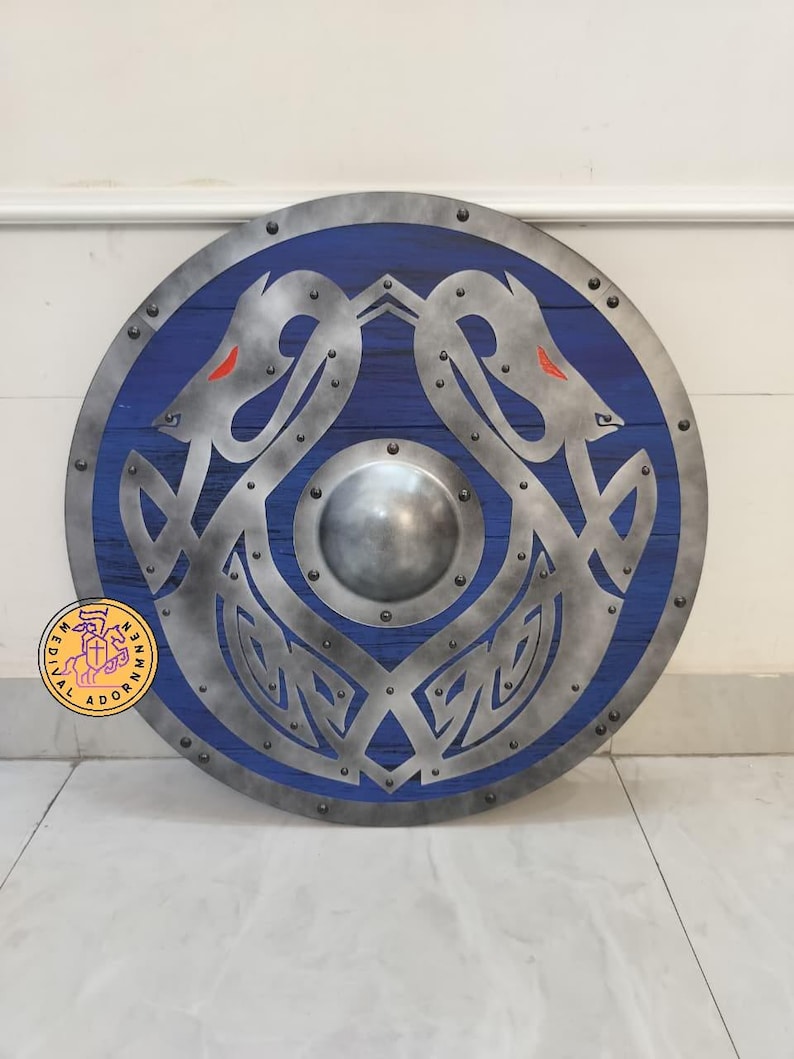 Handcrafted Blue Viking Shield, Norse dragon decor – steel edging and rivets