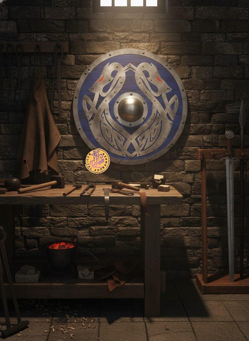 Handcrafted Blue Viking Shield, Norse dragon decor – hand-painted blue finish with Norse dragon and knotwork artwork