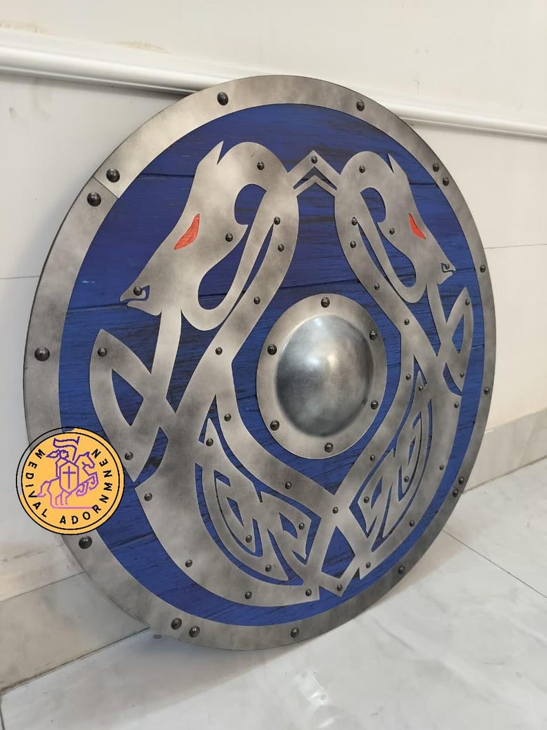 Handcrafted Blue Viking Shield, Norse dragon decor – reinforced steel rim and central boss