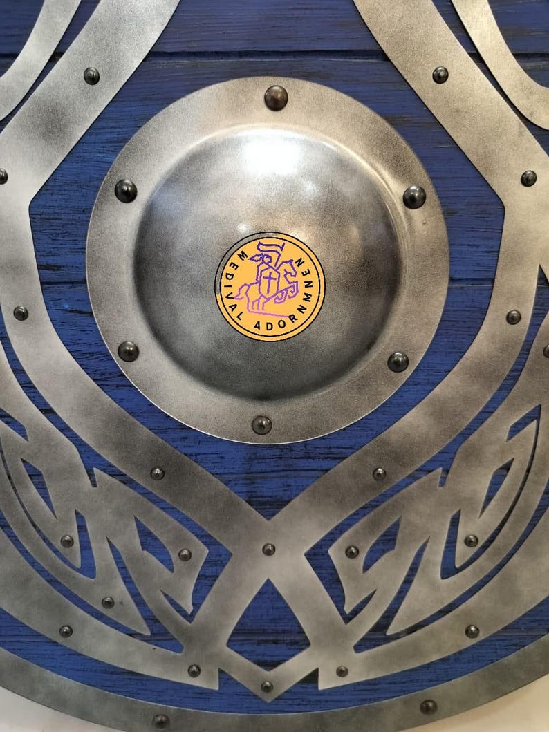Handcrafted Blue Viking Shield, Norse dragon decor – steel edging and rivets