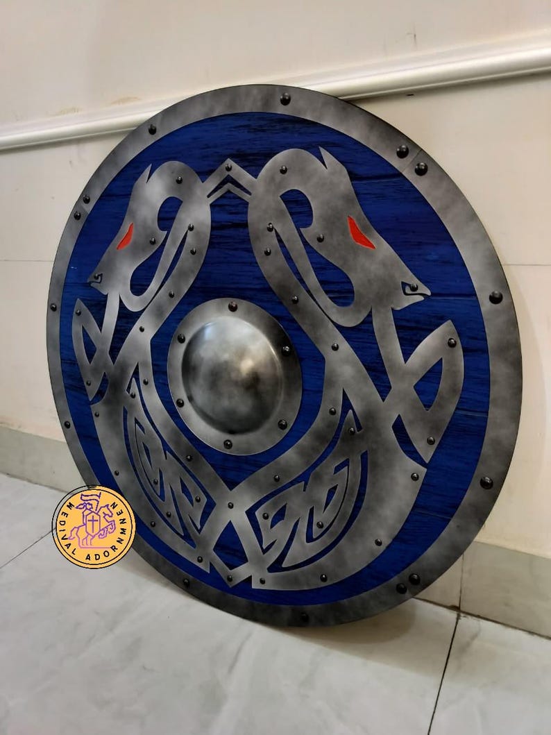 Handcrafted Blue Viking Shield, Norse dragon decor – hand-painted blue finish with Norse dragon and knotwork artwork