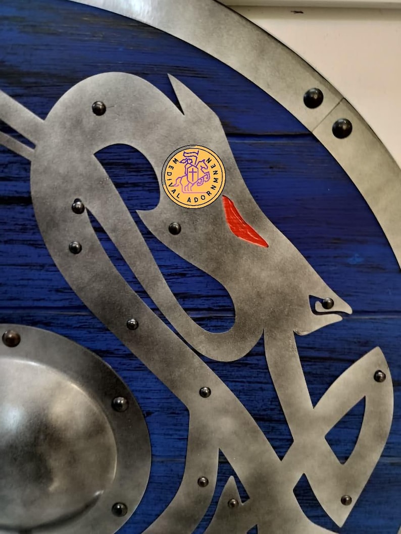Handcrafted Blue Viking Shield, Norse dragon decor – reinforced steel rim and central boss