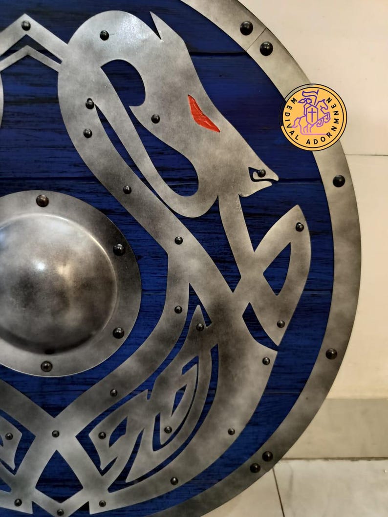 Handcrafted Blue Viking Shield, Norse dragon decor – steel edging and rivets