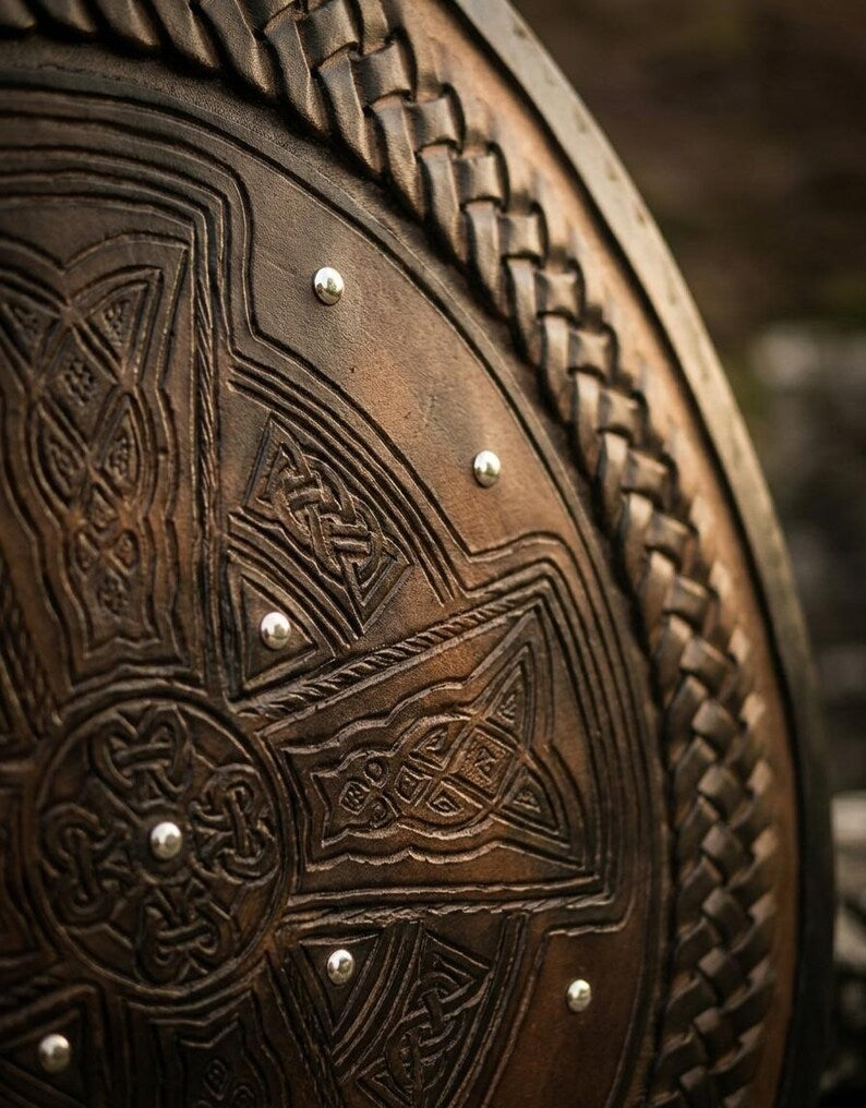 Handcrafted Celtic Cross Viking Shield wooden wall decor – Celtic Cross design with Viking knotwork