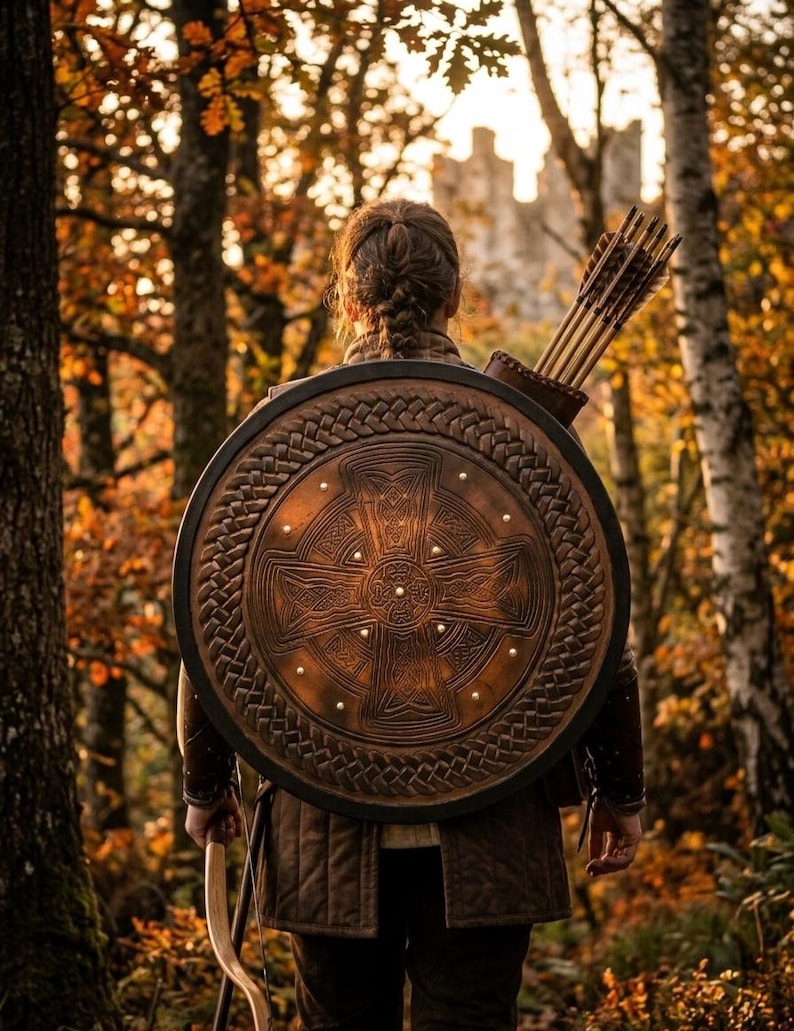 Handcrafted Celtic Cross Viking Shield wooden wall decor – Celtic Cross design with Viking knotwork