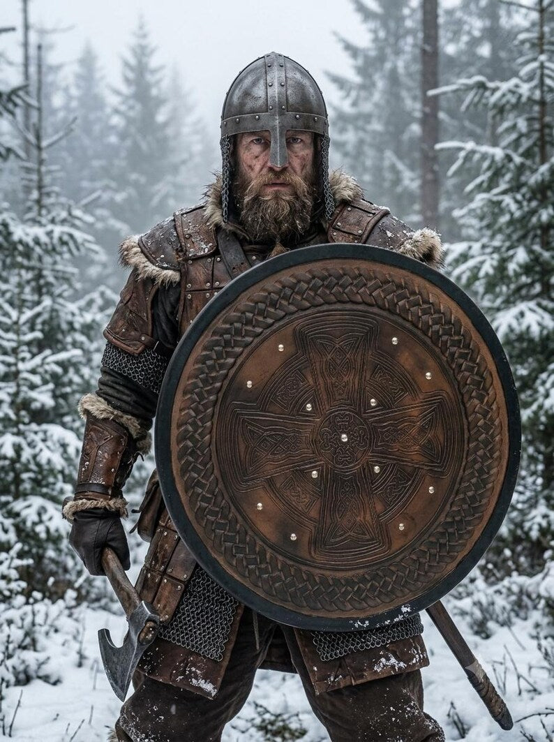 Handcrafted Celtic Cross Viking Shield wooden wall decor – rustic hand-finished wood texture