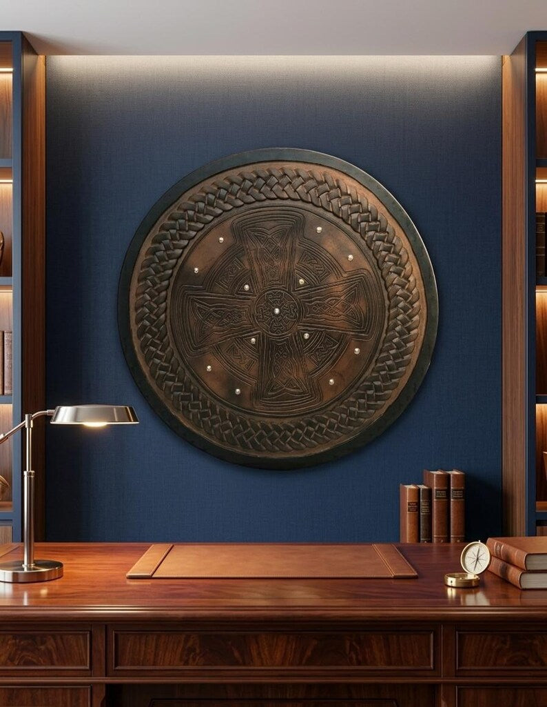 Handcrafted Celtic Cross Viking Shield wooden wall decor – rustic hand-finished wood texture