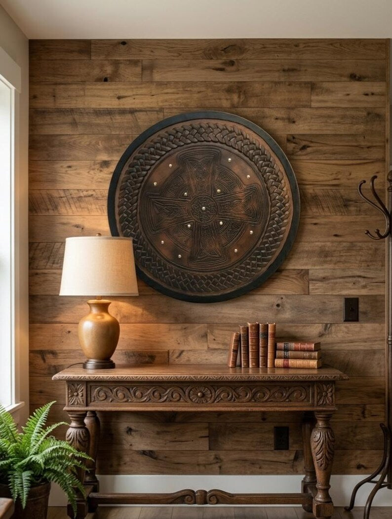 Handcrafted Celtic Cross Viking Shield wooden wall decor – Norse and Celtic influenced wall art