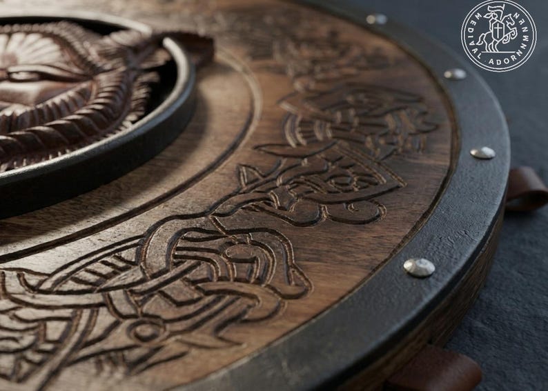 Handcrafted Fenrir Wolf Viking Shield – 3D carved Fenrir Wolf design