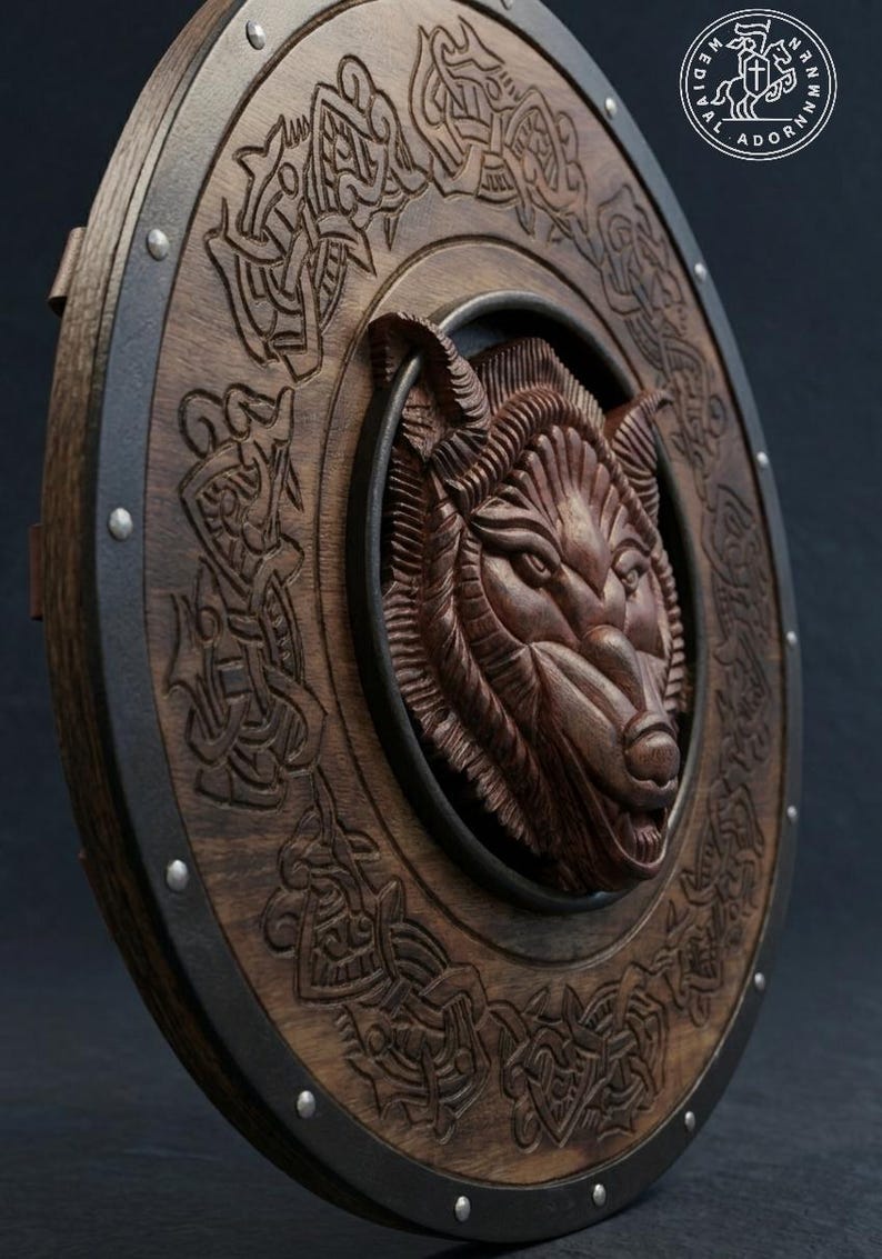 Handcrafted Fenrir Wolf Viking Shield – Viking knotwork detailing