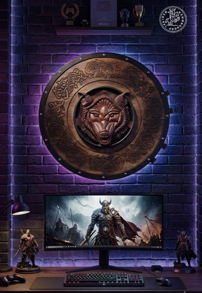 Handcrafted Fenrir Wolf Viking Shield – Norse mythology and Ragnarok inspired wall decor