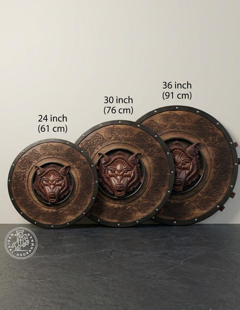 Handcrafted Fenrir Wolf Viking Shield – 3D carved Fenrir Wolf design