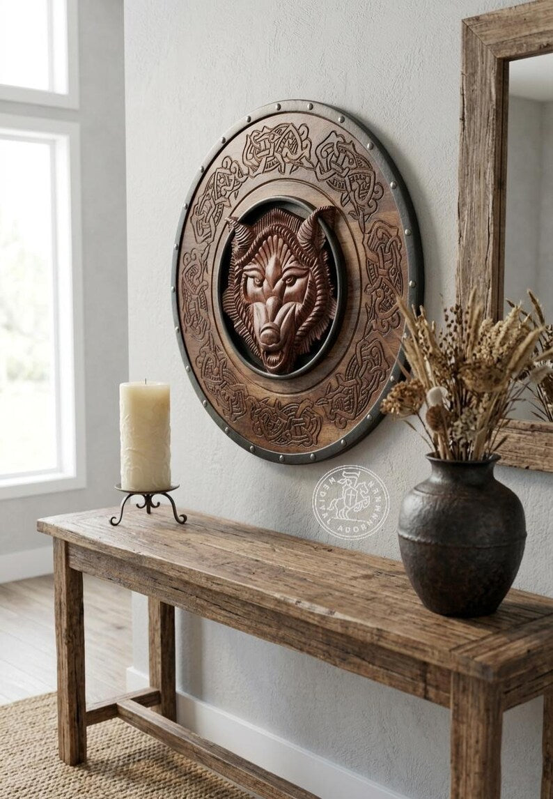 Handcrafted Fenrir Wolf Viking Shield – Viking knotwork detailing
