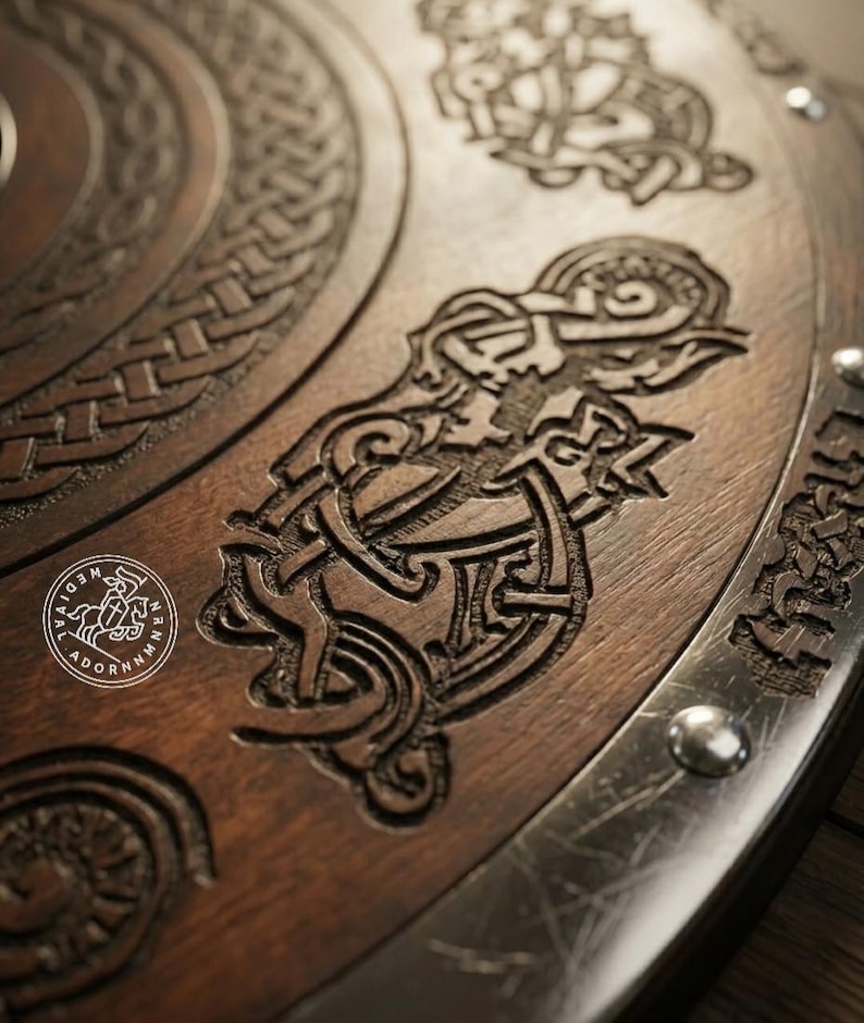 Handcrafted Medieval Cross Viking Shield – carved Medieval Cross centerpiece with Norse knotwork
