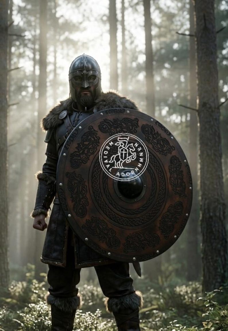 Handcrafted Medieval Cross Viking Shield – carved Medieval Cross centerpiece with Norse knotwork