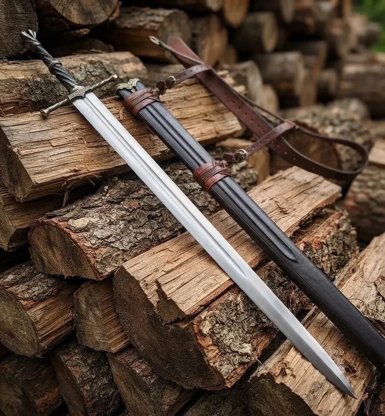 Handcrafted Medieval Longsword | Custom Steel Sword with Leather Scabbard