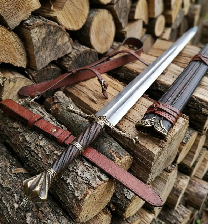 Handcrafted Medieval Longsword | Custom Steel Sword with Leather Scabbard