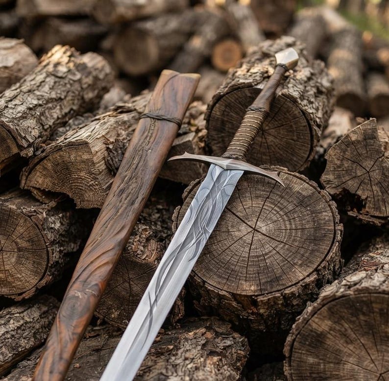 Medieval sword prop resting in its weathered scabbard