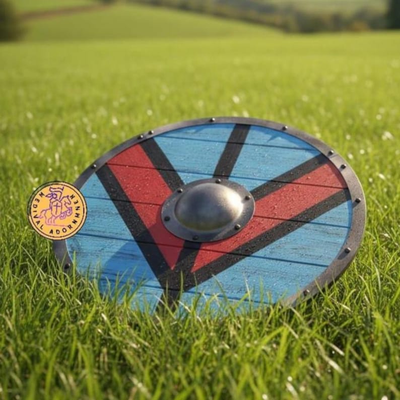 Handcrafted Medieval Viking Shield, cosplay and LARP decor – hand-painted artistically weathered battle-worn finish
