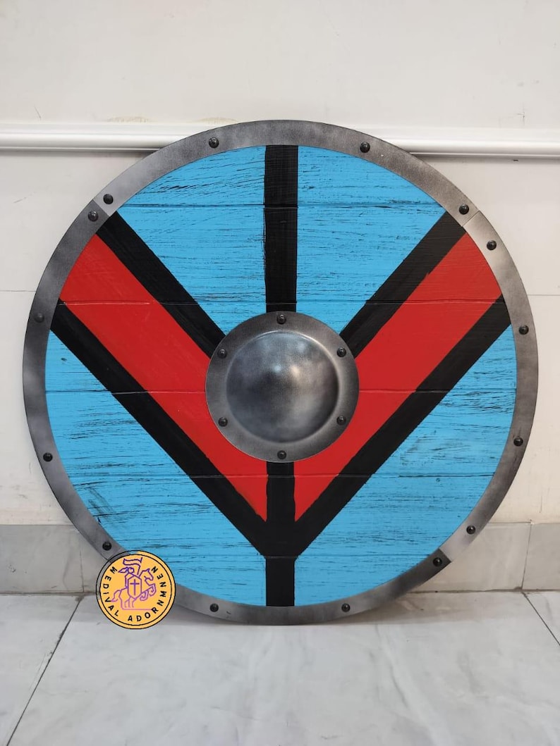 Handcrafted Medieval Viking Shield, cosplay and LARP decor – hand-painted artistically weathered battle-worn finish