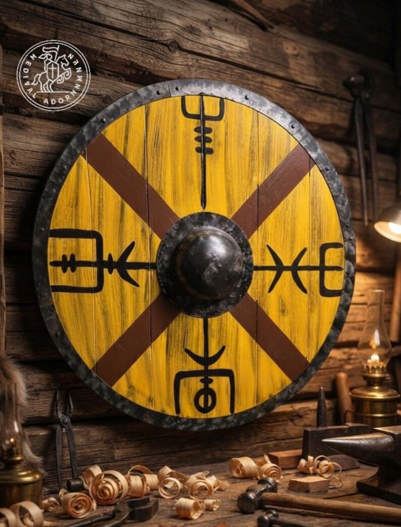 Handcrafted Vegvisir Viking Shield wooden wall decor – forged steel shield boss with leather handle