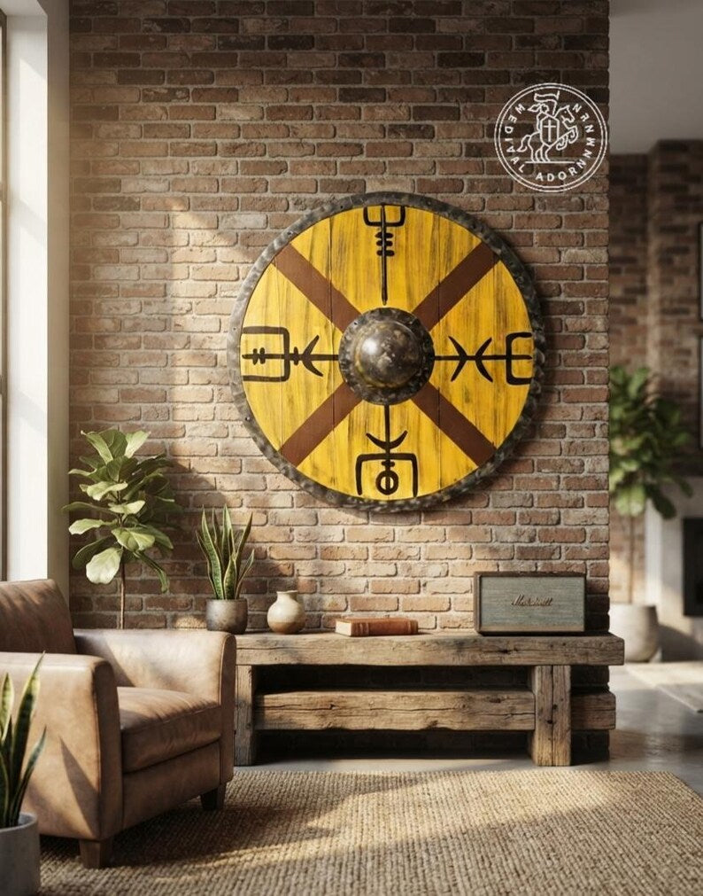 Handcrafted Vegvisir Viking Shield wooden wall decor – forged steel shield boss with leather handle