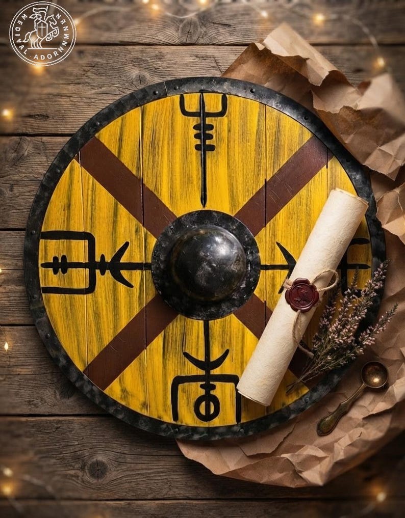 Handcrafted Vegvisir Viking Shield wooden wall decor – hand-painted distressed battle-worn finish