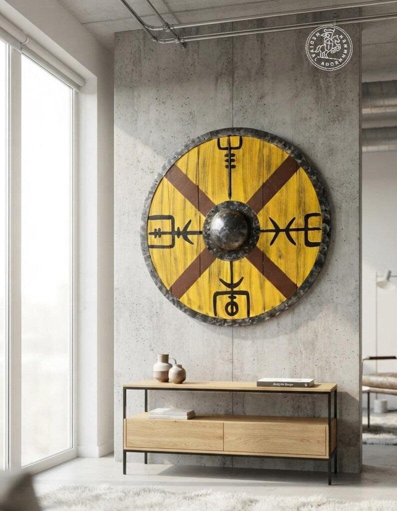 Handcrafted Vegvisir Viking Shield wooden wall decor – available in sizes 14 to 36 inches