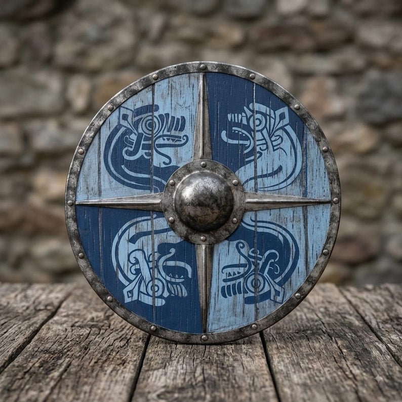Handcrafted Viking Raven Shield, round wooden decor