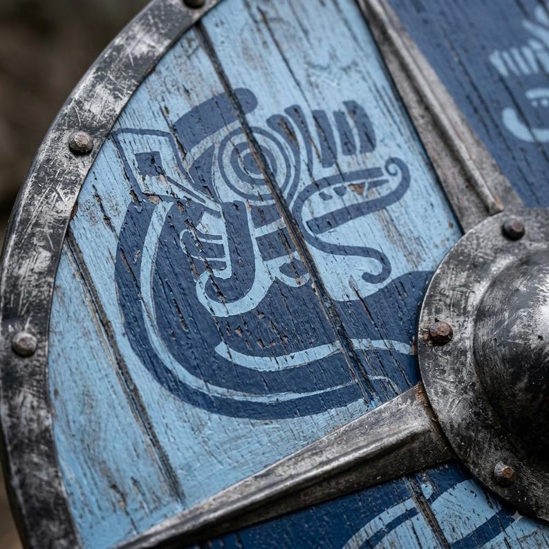 Handcrafted Viking Raven Shield, round wooden decor – blue and white distressed finish