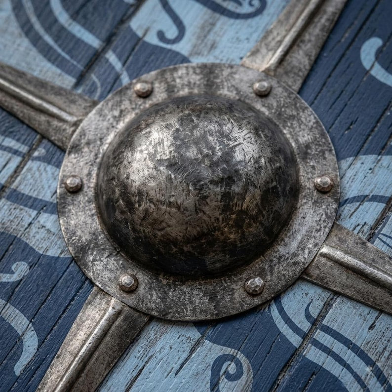 Handcrafted Viking Raven Shield, round wooden decor – metal outer rim and raised center boss