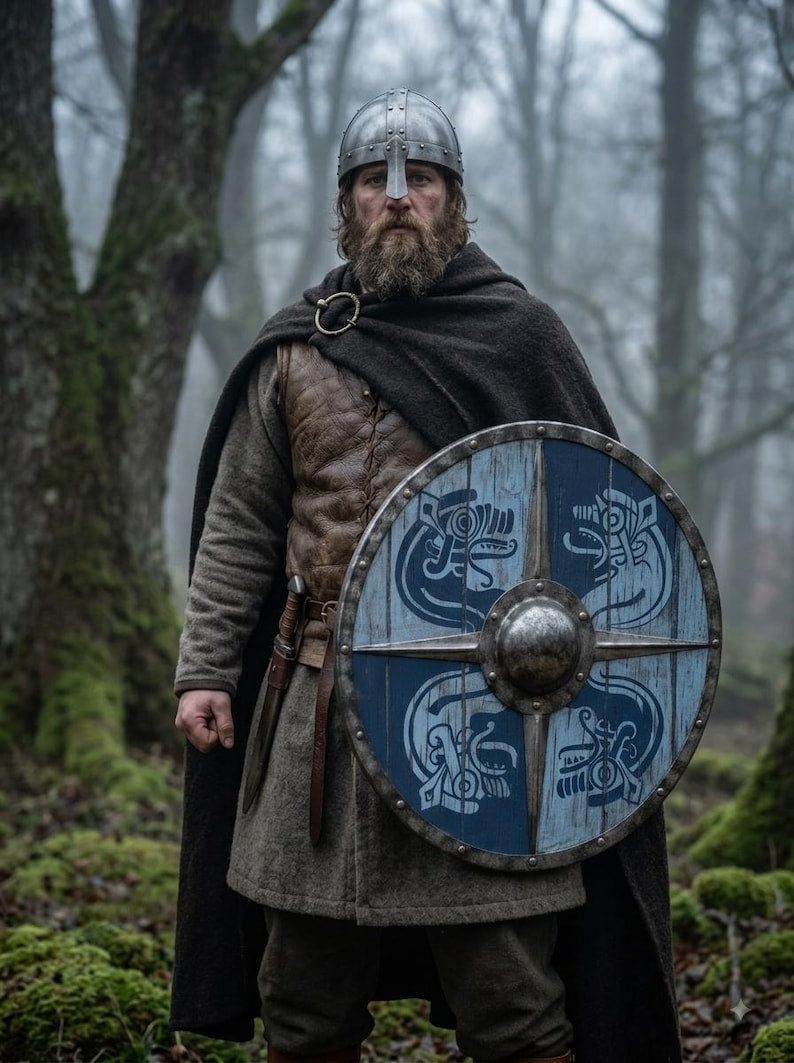 Handcrafted Viking Raven Shield, round wooden decor – blue and white distressed finish