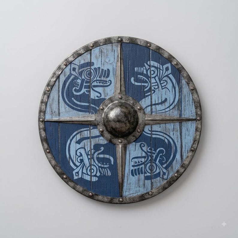 Handcrafted Viking Raven Shield, round wooden decor – metal outer rim and raised center boss