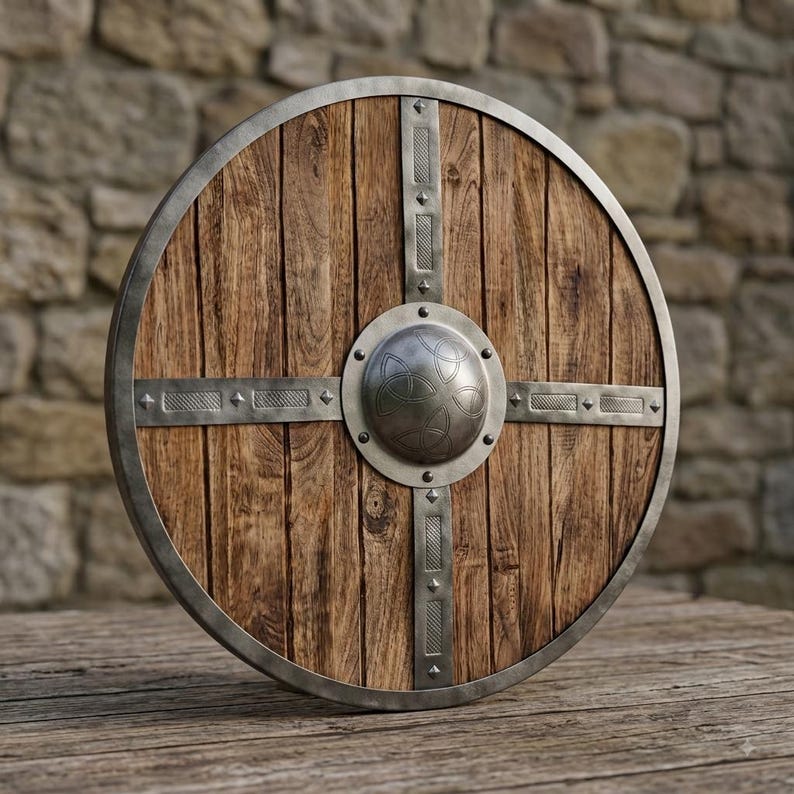 Handcrafted wooden medieval shield, Viking warrior round shield