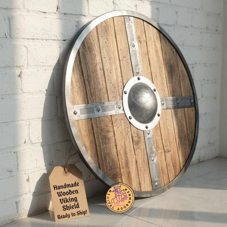 Handcrafted wooden medieval shield, Viking warrior round shield – premium solid wood with steel accents